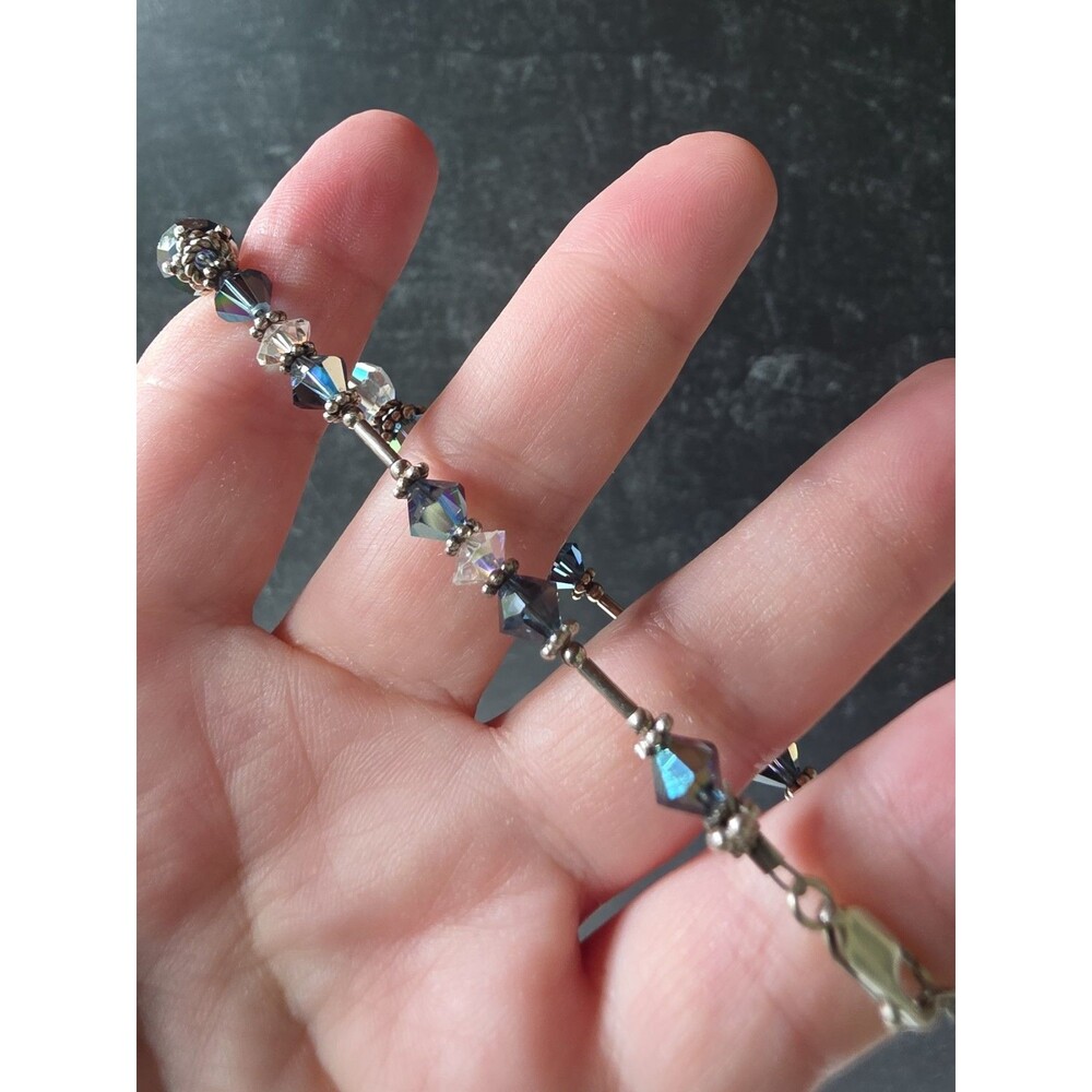 925 Sterling Silver Blue And Clear Crystal Beaded Bracelet Vintage